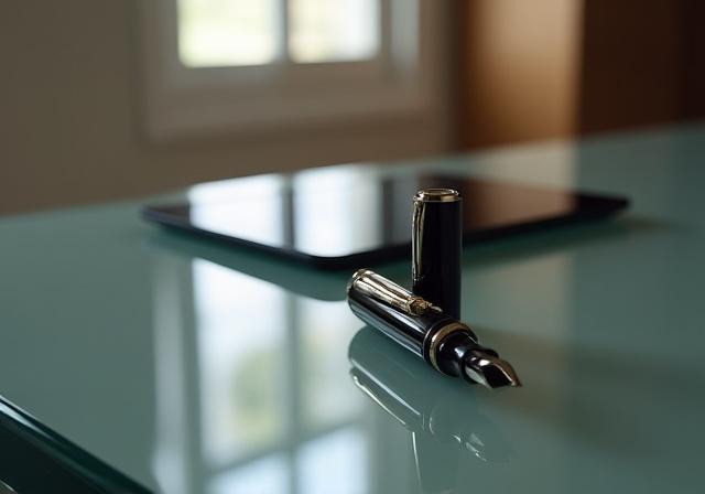 An antique fountain pen lying on a sleek modern glass desk next to a tablet
