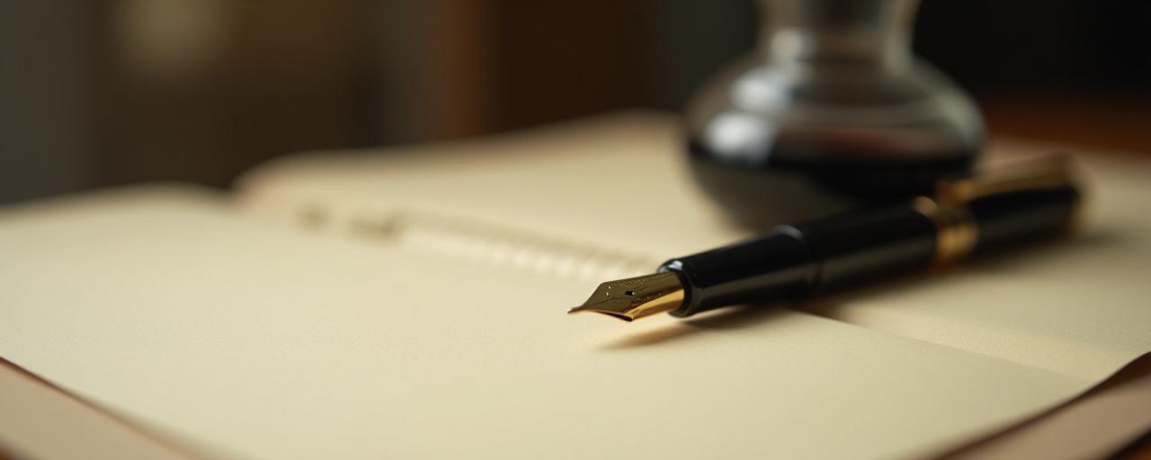 Close-up of a fountain pen nib and inkwell on high-quality paper, symbolizing the precision of brand strategy.