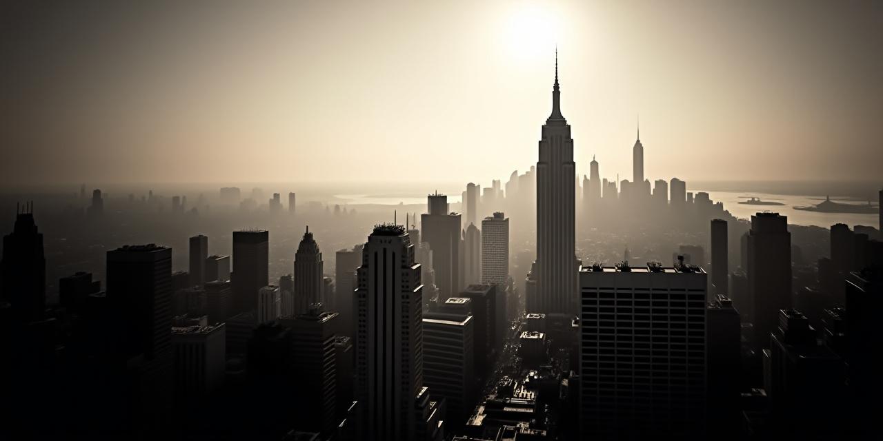 NYC Manhattan Skyline in high contrast black and white with golden morning light