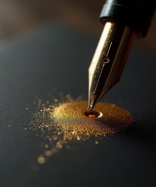 Close-up of elegant gold calligraphy ink on heavy white paper