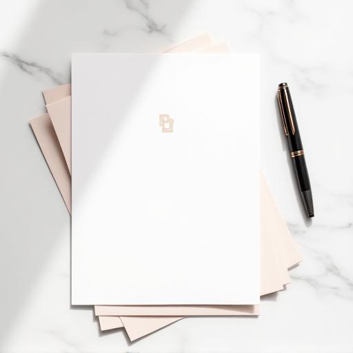 Bespoke copper-foiled business cards and stationery on marble surface