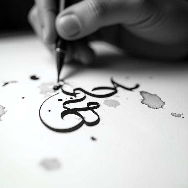 Macro shot of calligraphy process with black ink on white vellum